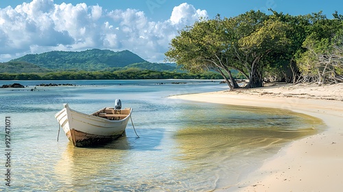 Fototapeta Naklejka Na Ścianę i Meble -  Serene landscape featuring a boat in calm waters, surrounded by lush greenery and mountains against a clear blue sky.