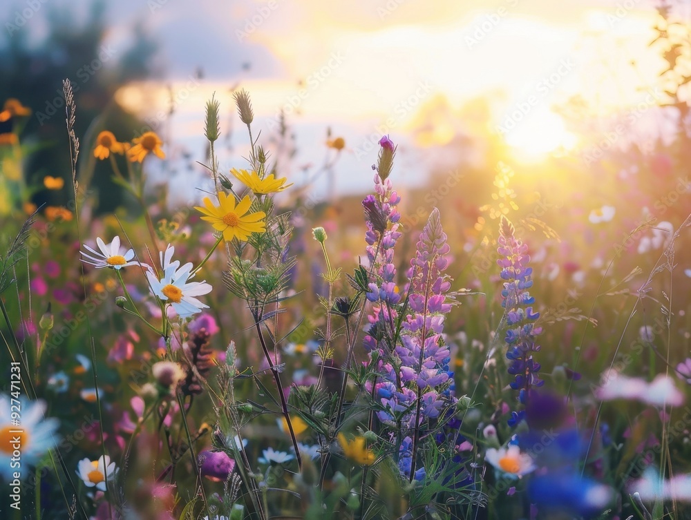 Obraz premium Colorful wildflowers bloom under a golden sunset in a serene meadow