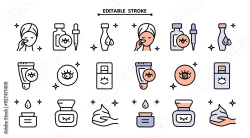 Eye Cream color icons set. Editable stroke. Skin care flat symbols collection. Creative Eye Cream. Vector isolated drawing