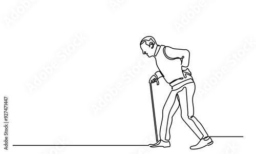 Continuous line drawing of senior man walking with a cane.single-line art of an Elderly man grandfather or senior man isolated on a white background. 
