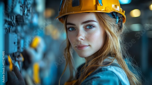 A woman electrician, carefully installing wiring in a new building, her tools in hand, embodying strength and technical skill in a traditionally male-dominated trade.