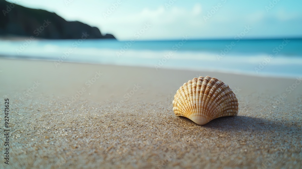 A beautiful seashell resting on soft sand, with gentle waves and a clear blue sky in the background, ideal for beach-themed projects.