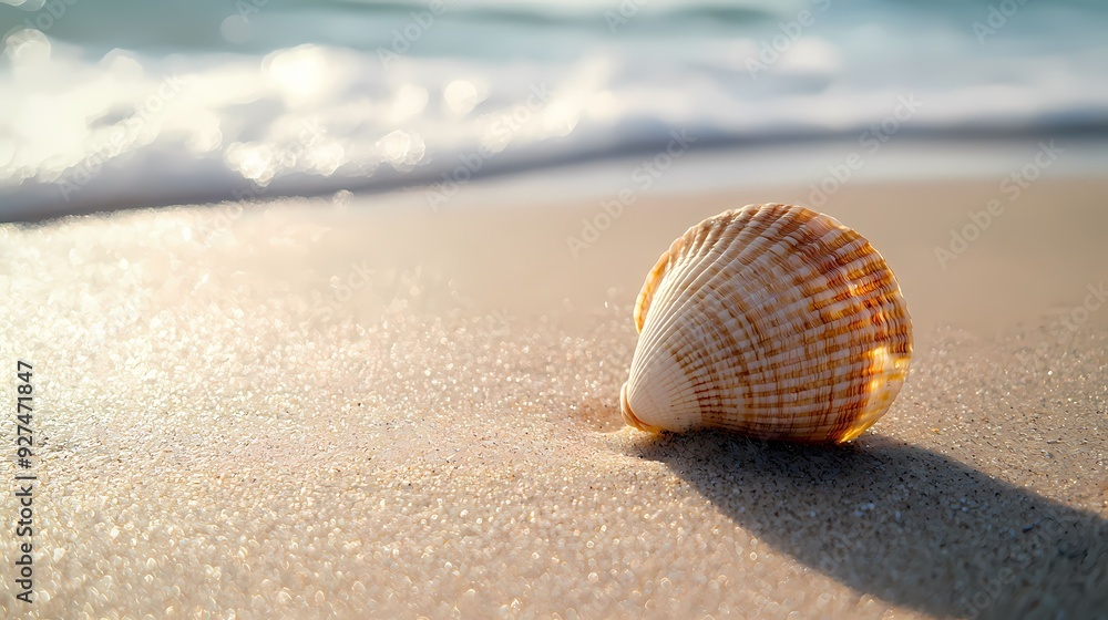 A close-up view of a beautiful seashell on a sandy beach, with gentle waves lapping in the background, capturing serene coastal beauty.