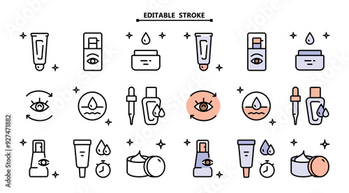 Eye Cream color icons set. Editable stroke. Skin care flat symbols collection. Creative Eye Cream. Vector isolated drawing