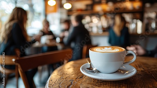 A cozy coffee shop scene featuring a beautifully crafted cappuccino on a wooden table, perfect for relaxation and conversation.