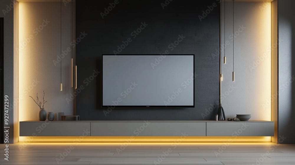 A flat-screen TV displayed, empty white screen, in a modern living room with a contemporary wall unit, creating a harmonious and stylish environment. A flat-screen TV displayed, empty white screen, in a modern living room with a contemporary wall unit, creating a harmonious and stylish environment.
