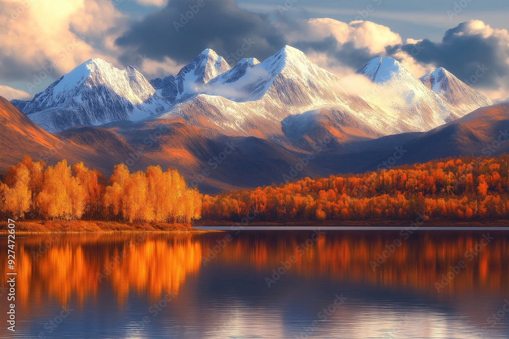 Fototapeta premium Golden autumn trees reflecting in a tranquil mountain lake at sunset