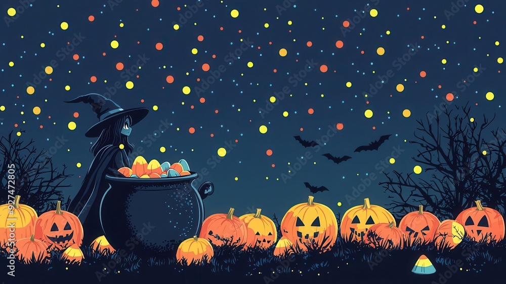 Candy cauldron with a witch nearby, Halloween night setting, flat design illustration Candy cauldron with a witch nearby, Halloween night setting, flat design illustration