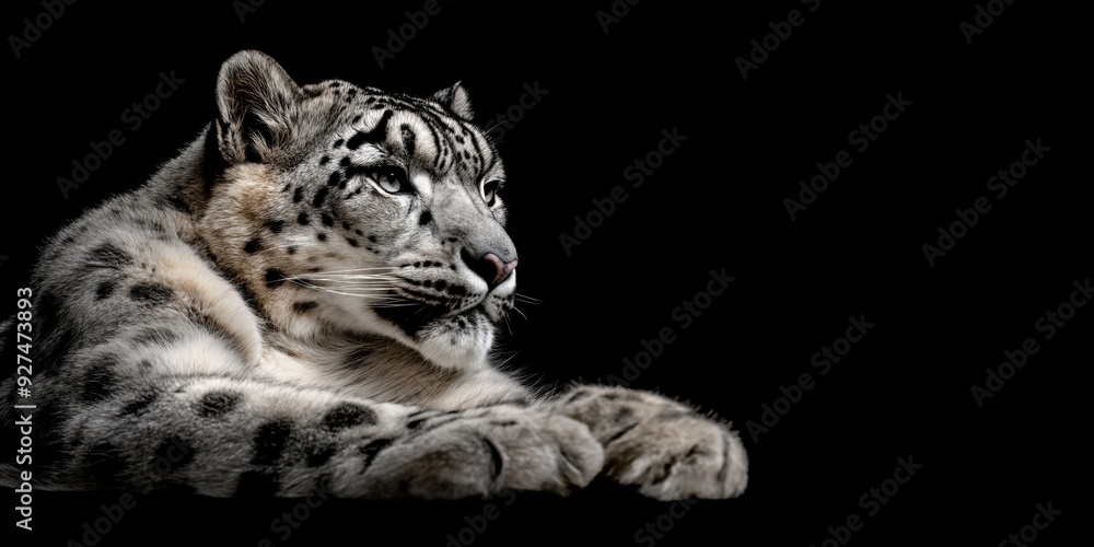 Photo of a snow leopard isolated against a black background, emphasising the snow leopard's majestic features. Wildlife and conservation concept, space for copy.