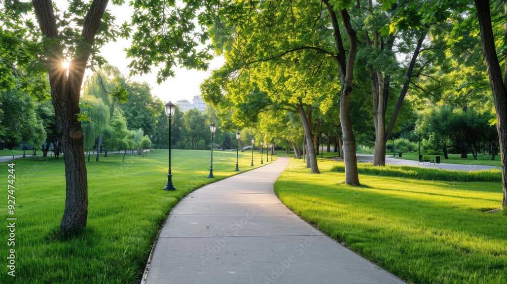 Fototapeta premium A curving pathway in a park lined with tall green trees, basking in sunlight, offering a tranquil walking experience.