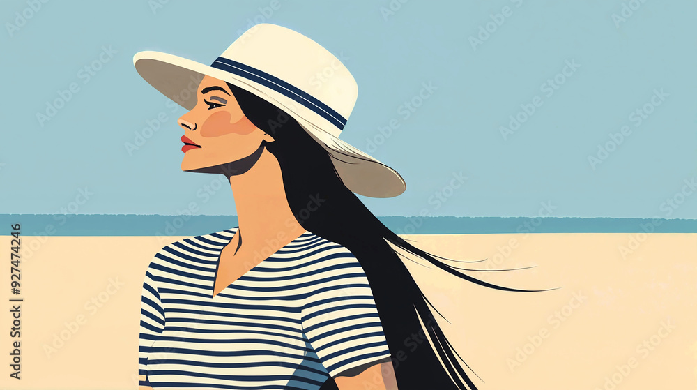 A woman in a striped shirt and wide-brimmed hat enjoying a sunny day at the beach.