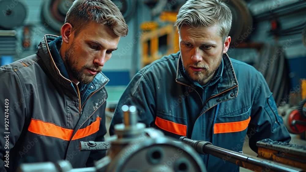 Two mature, attractive guy mechanics in uniform work together as a team while utilising a machine to fix or replace auto parts. Two mature, attractive guy mechanics in uniform work together as a team while utilising a machine to fix or replace auto parts.