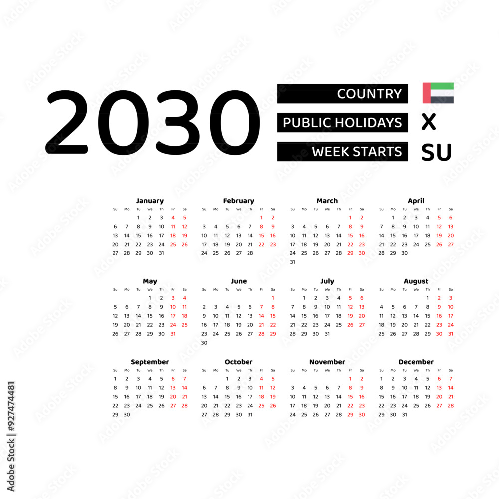Calendar 2030 English language with United Arab Emirates public holidays. Week starts from Sunday. Graphic design vector illustration. Calendar 2030 English language with United Arab Emirates public holidays. Week starts from Sunday. Graphic design vector illustration.