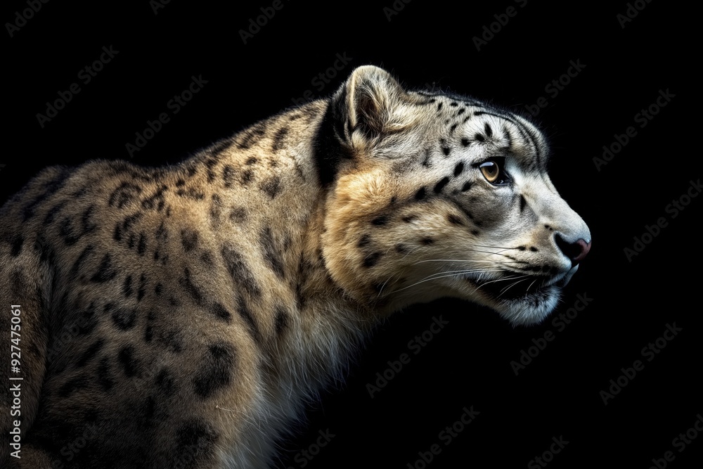 Photo of a snow leopard isolated against a black background, emphasising the snow leopard's majestic features. Wildlife and conservation concept, space for copy. Photo of a snow leopard isolated against a black background, emphasising the snow leopard's majestic features. Wildlife and conservation concept, space for copy.