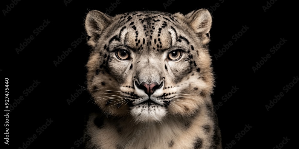 Obraz premium Photo of a snow leopard isolated against a black background, emphasising the snow leopard's majestic features. Wildlife and conservation concept, space for copy.