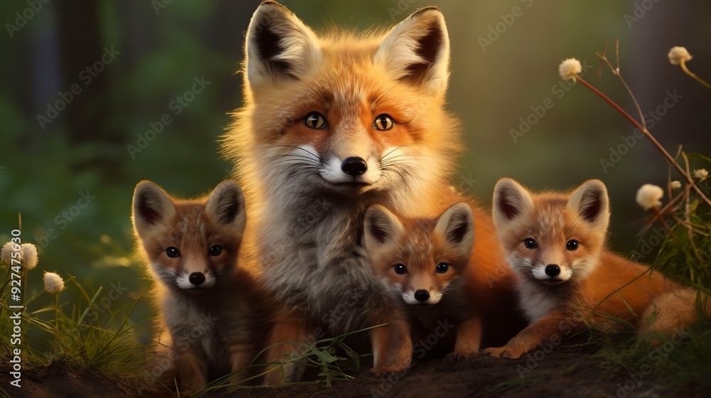 A photo of a family of foxes A photo of a family of foxes