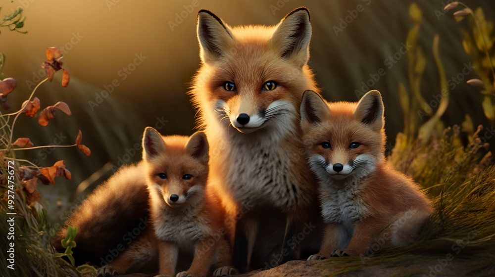 A photo of a family of foxes A photo of a family of foxes