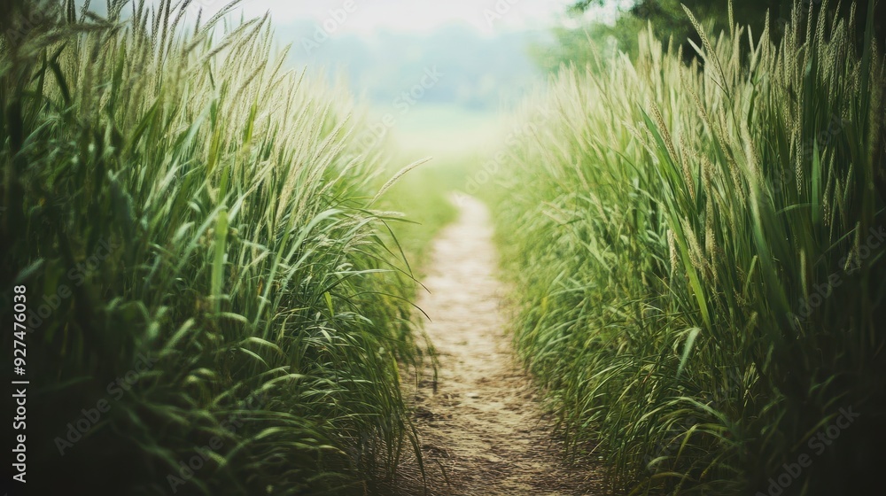 A serene pathway through tall grass leading into a natural landscape. A serene pathway through tall grass leading into a natural landscape.
