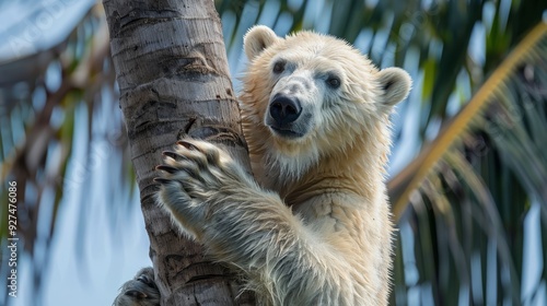 The sight of a polar bear in a tropical climate with palms is a stark reminder of the impending global warming and climate changes. photo