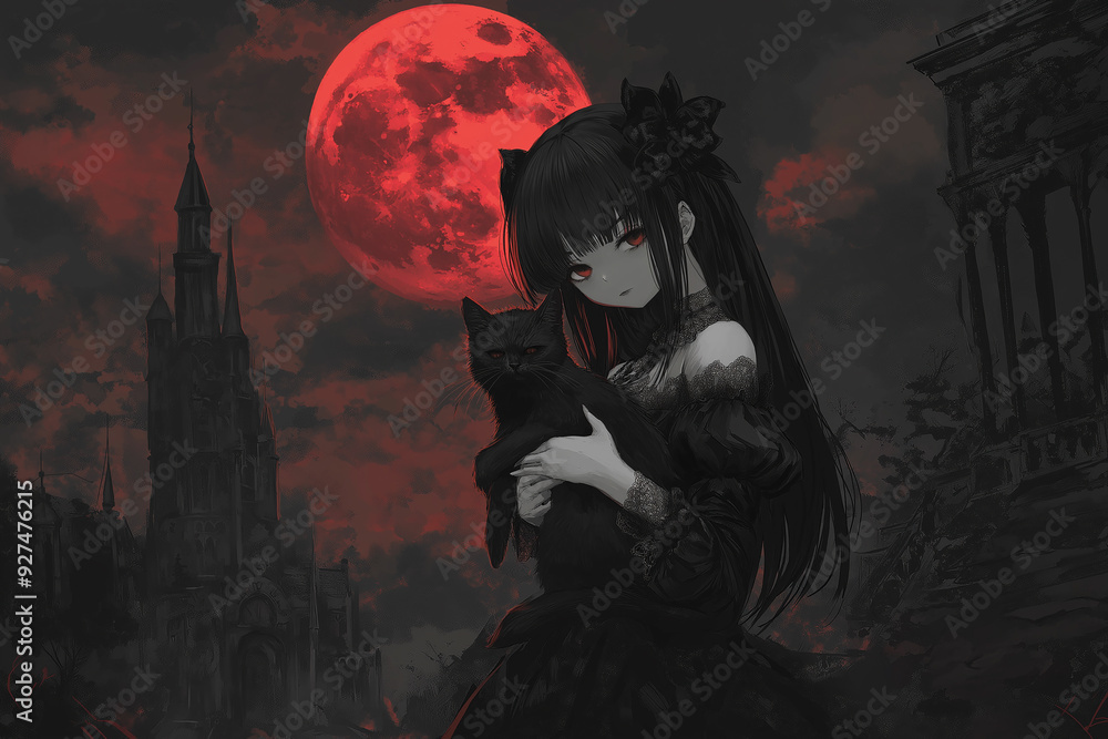Anime girl in a gothic black dress holding a cat under a red blood moon