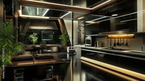 Futuristic Modern Kitchen Interior - Sleek, futuristic kitchen interior with curved wood finishes, advanced appliances, and ambient lighting for a luxurious ambiance.