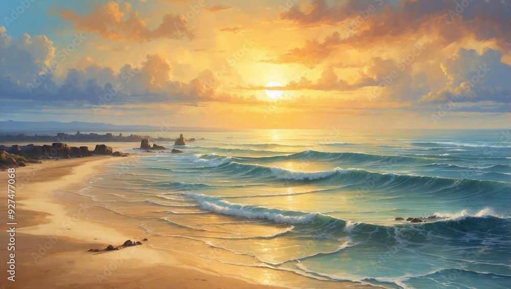 A painting of a beach with the sun setting behind it.
Painting of a sunset over the ocean with waves crashing. A painting of a beach with the sun setting behind it.
Painting of a sunset over the ocean with waves crashing.