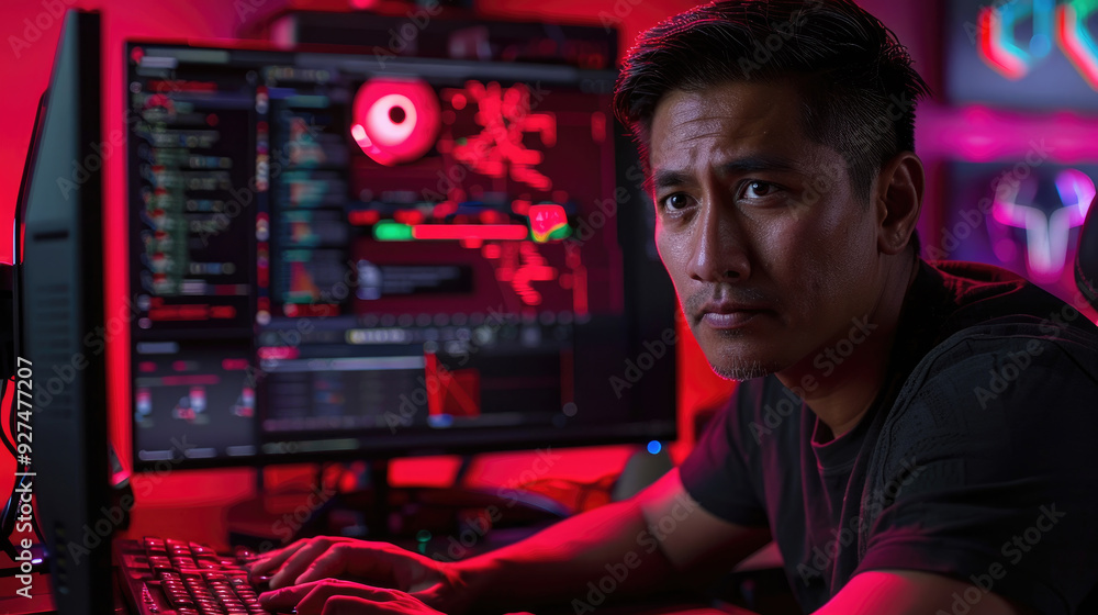 A person intensely studies data on computer screens illuminated by red light A person intensely studies data on computer screens illuminated by red light