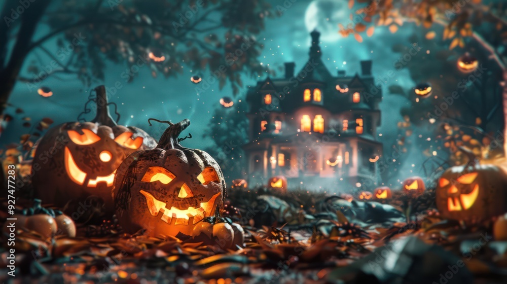 Jack-o'-lanterns Illuminated in Front of a Haunted House Jack-o'-lanterns Illuminated in Front of a Haunted House