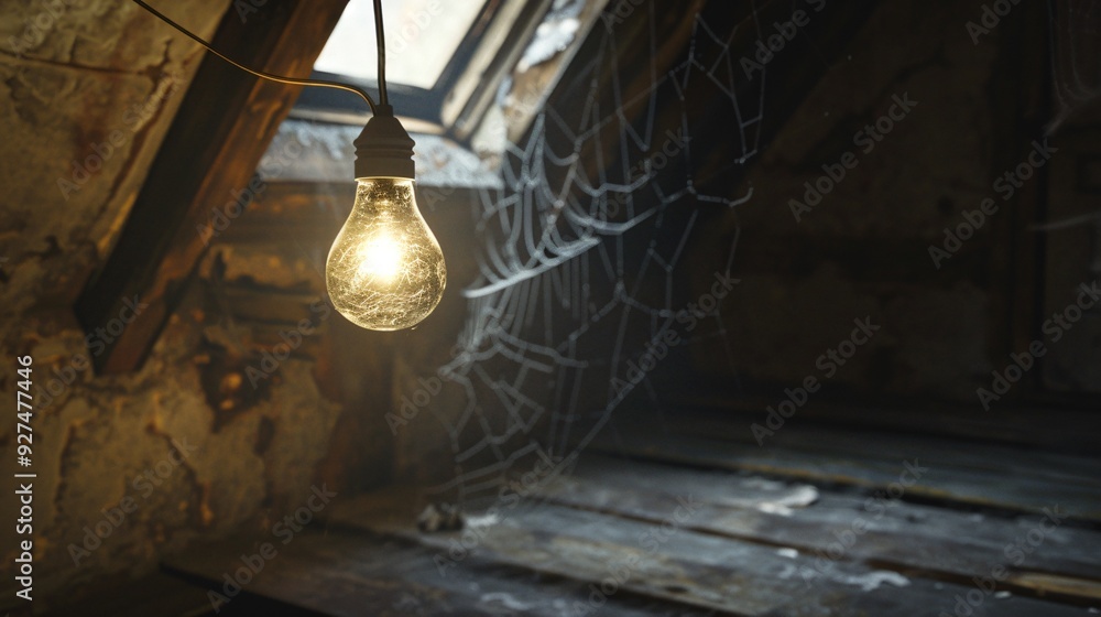 Cobweb-Covered Attic Corner with Dusty Light Bulb Cobweb-Covered Attic Corner with Dusty Light Bulb