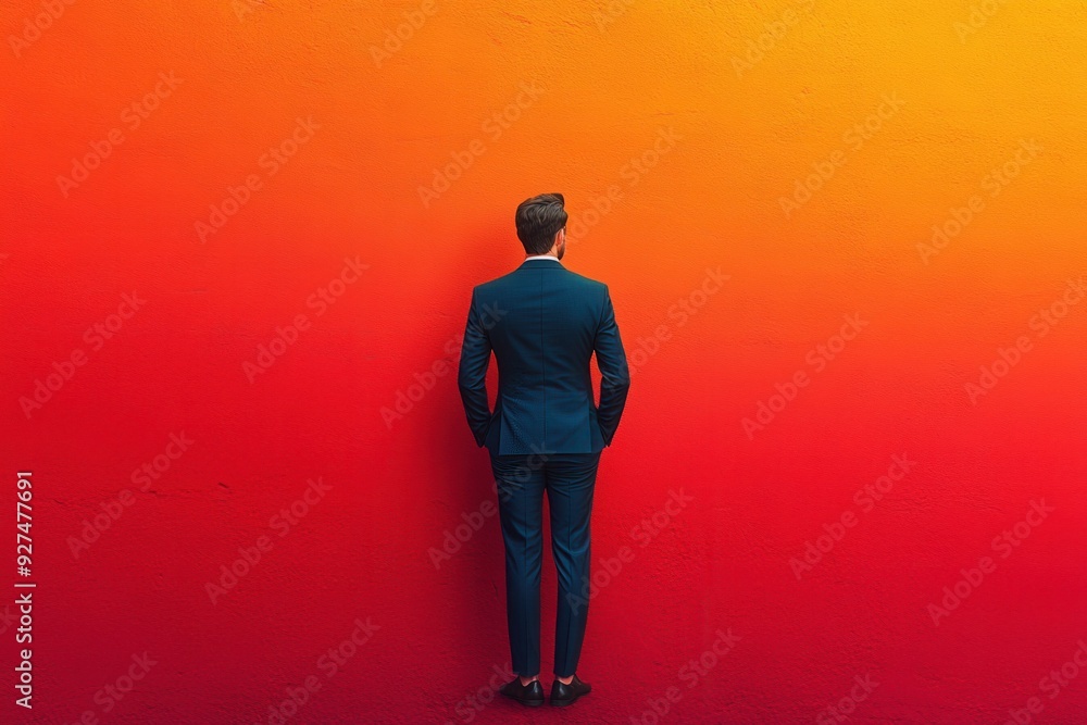 Obraz premium Businessman in Blue Suit Standing Against Vibrant Gradient Orange to Red Wall, Back View