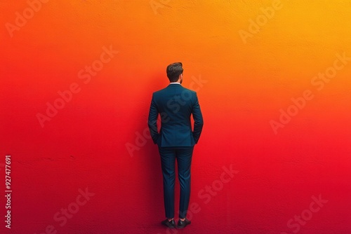 Businessman in Blue Suit Standing Against Vibrant Gradient Orange to Red Wall, Back View