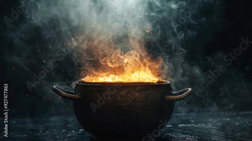 Vintage-Style Cauldron with Bubbling Brew on Dark Backdrop