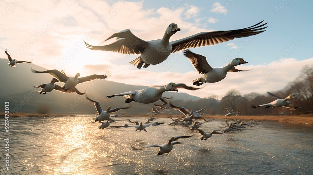 Fototapeta premium A photo of a flock of geese flying