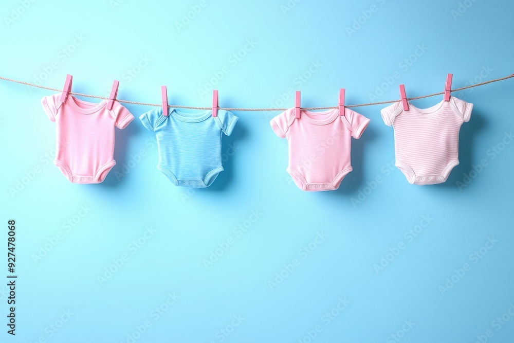 Colorful Baby Onesies Hanging on a Clothesline Against a Bright Blue Background Colorful Baby Onesies Hanging on a Clothesline Against a Bright Blue Background