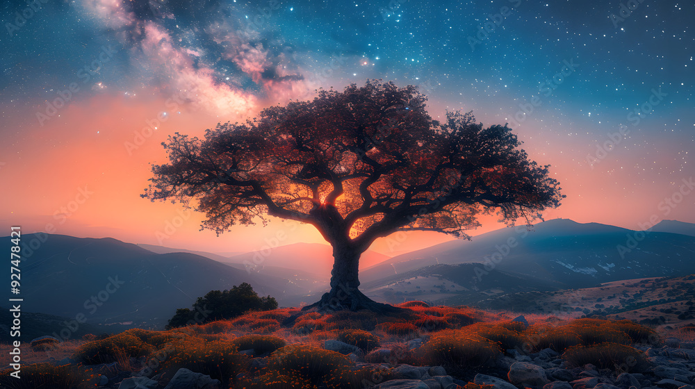 Night sky with milky way and starry sky on field Night sky with milky way and starry sky on field