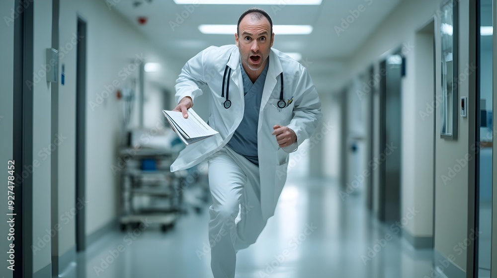 Fototapeta premium Healthcare Professional Rushing Down Hospital Corridor in Urgent Response