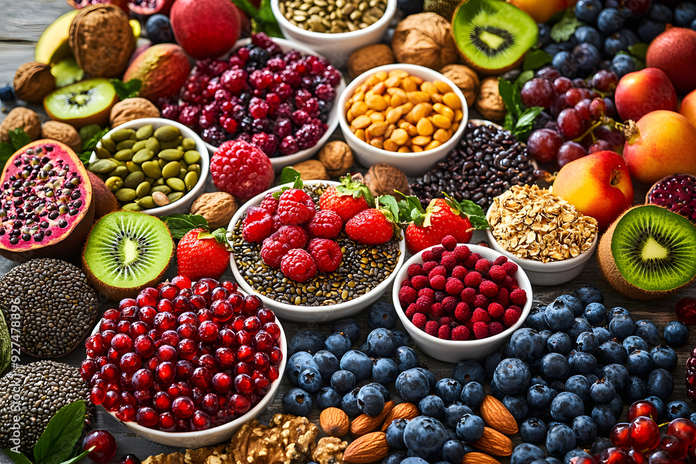 Selection of healthy food. Superfoods, various fruits and assorted berries, nuts and seeds. Selection of healthy food. Superfoods, various fruits and assorted berries, nuts and seeds.