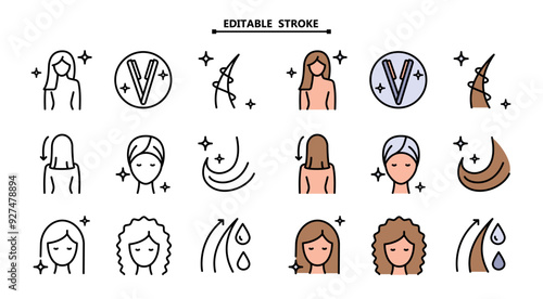 Hair straightener icons set for hair care treatment and beauty or woman salon. Editable stroke. Hair straightener appliance for female haircut straightening and haircare cosmetic treatment symbols