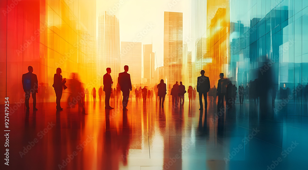 Abstract urban scene with silhouetted figures against a vibrant background of blended colors and skyscrapers. Abstract urban scene with silhouetted figures against a vibrant background of blended colors and skyscrapers.
