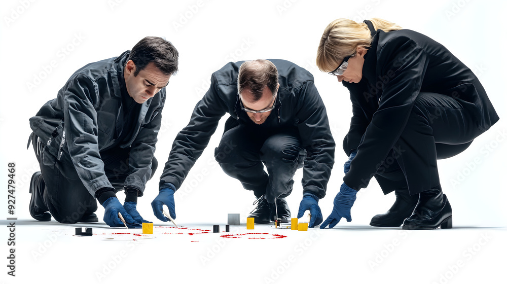 Three forensic investigators examining evidence at a crime scene ...