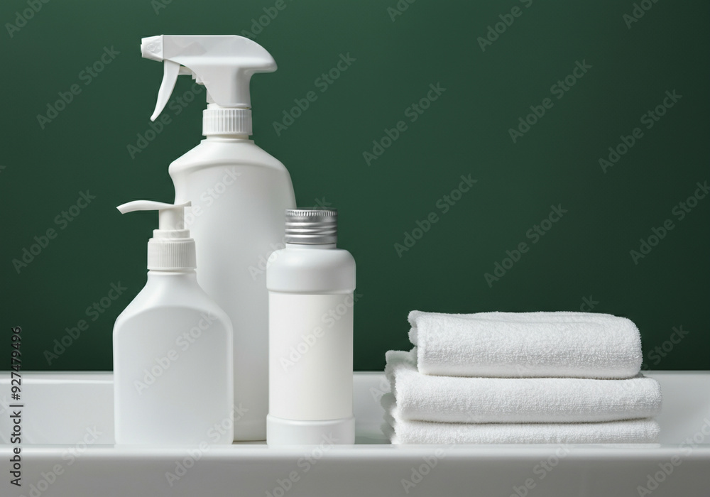 Cleaning Products Displayed with Towels on a White Tray. Essential Cleaning Supplies for Household Maintenance and Hygiene. Modern and Minimalist Arrangement Cleaning Products Displayed with Towels on a White Tray. Essential Cleaning Supplies for Household Maintenance and Hygiene. Modern and Minimalist Arrangement