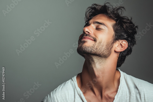 A close up of a man's face with her eyes closed