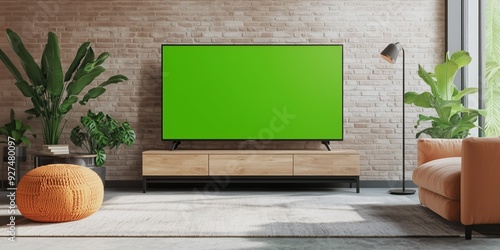 A bright and airy living room with a large green screen TV, featuring contemporary design elements and stylish decor.