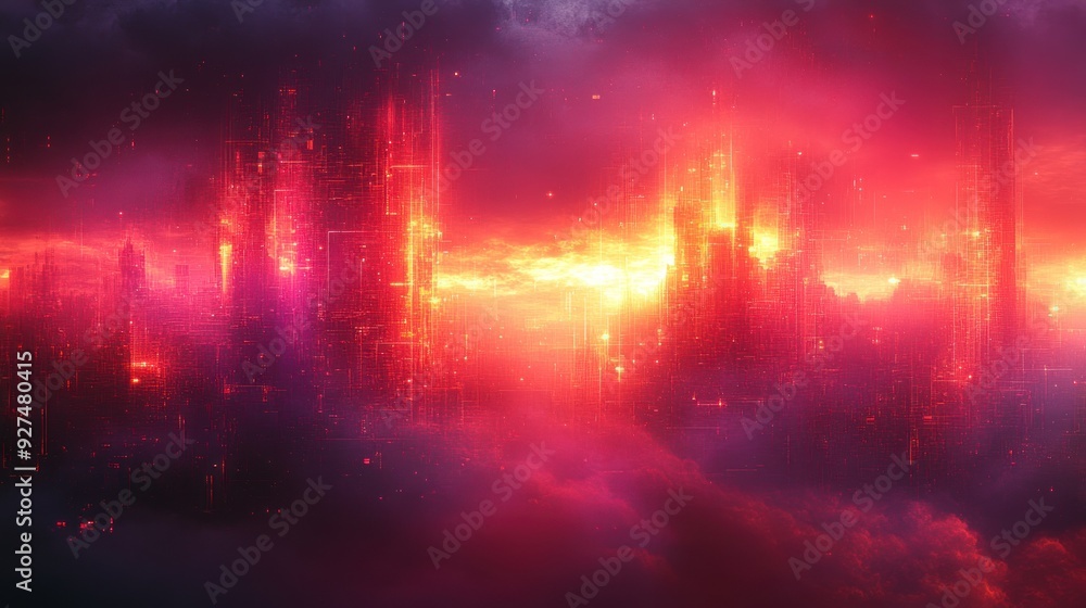 An otherworldly city radiates warmth as dusk paints the horizon An otherworldly city radiates warmth as dusk paints the horizon