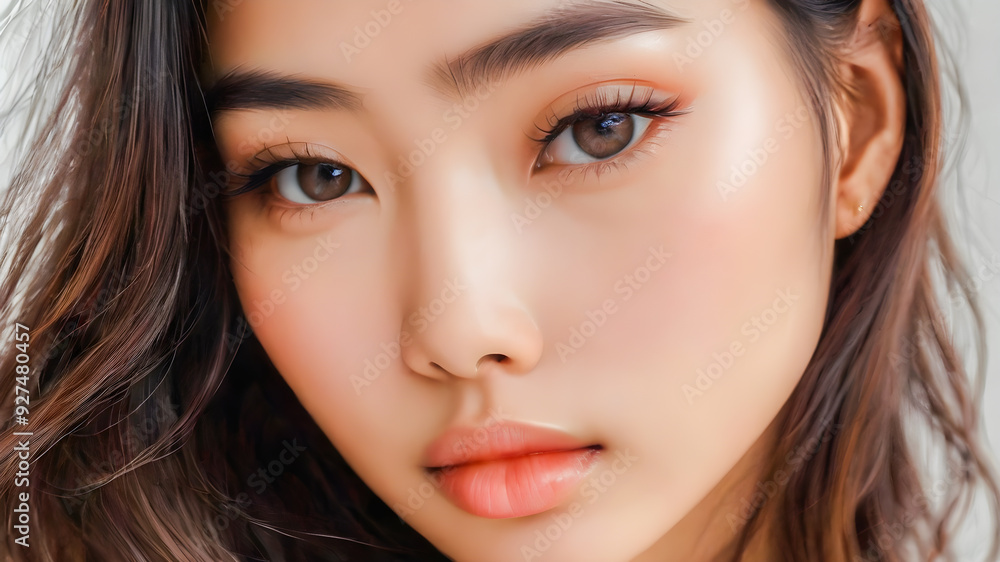 Stunning Asian portrait. Sensual smile of beautiful woman. Soft sunlight, charming eyes and clean skin. Facial spa, healthcare concept. Gorgeous girl face and long hairs. Fashion wellness. AI gen Stunning Asian portrait. Sensual smile of beautiful woman. Soft sunlight, charming eyes and clean skin. Facial spa, healthcare concept. Gorgeous girl face and long hairs. Fashion wellness. AI gen