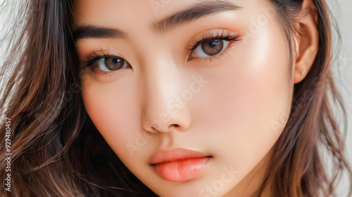 Wallpaper Mural Stunning Asian portrait. Sensual smile of beautiful woman. Soft sunlight, charming eyes and clean skin. Facial spa, healthcare concept. Gorgeous girl face and long hairs. Fashion wellness. AI gen Torontodigital.ca