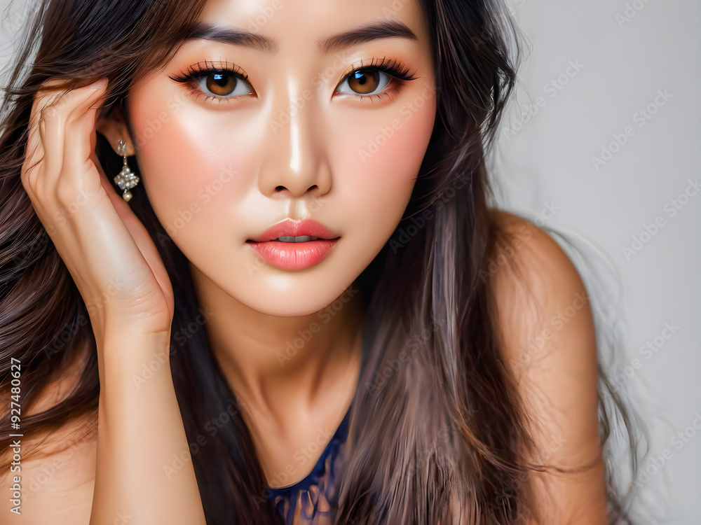 Stunning Asian portrait. Sensual smile of beautiful woman. Soft sunlight, charming eyes and clean skin. Facial spa, healthcare concept. Gorgeous girl face and long hairs. Fashion wellness. AI gen Stunning Asian portrait. Sensual smile of beautiful woman. Soft sunlight, charming eyes and clean skin. Facial spa, healthcare concept. Gorgeous girl face and long hairs. Fashion wellness. AI gen