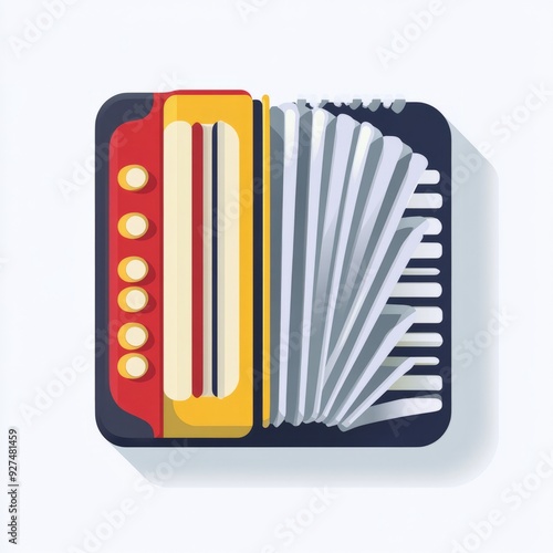 Flat design accordion illustration with red, yellow, and blue colors.