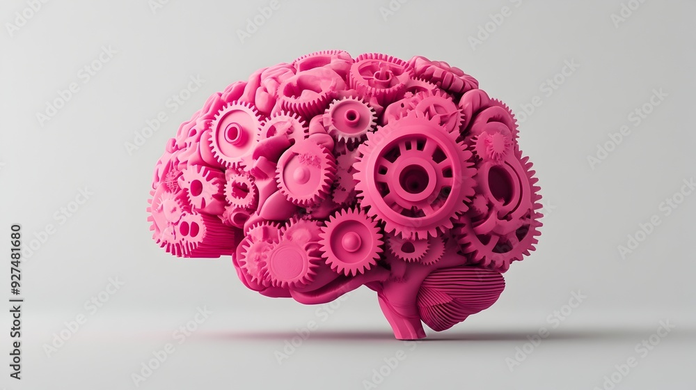 Mechanical Brain Intricate Gears and Cogs in Conceptual Pink Monochrome Design Mechanical Brain Intricate Gears and Cogs in Conceptual Pink Monochrome Design