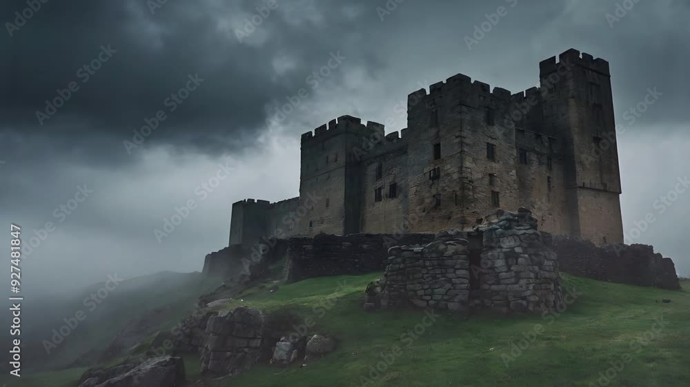 A Ghostly Mist Creeping Over an Ancient Stone Castle Beneath a Stormy Sky A Ghostly Mist Creeping Over an Ancient Stone Castle Beneath a Stormy Sky